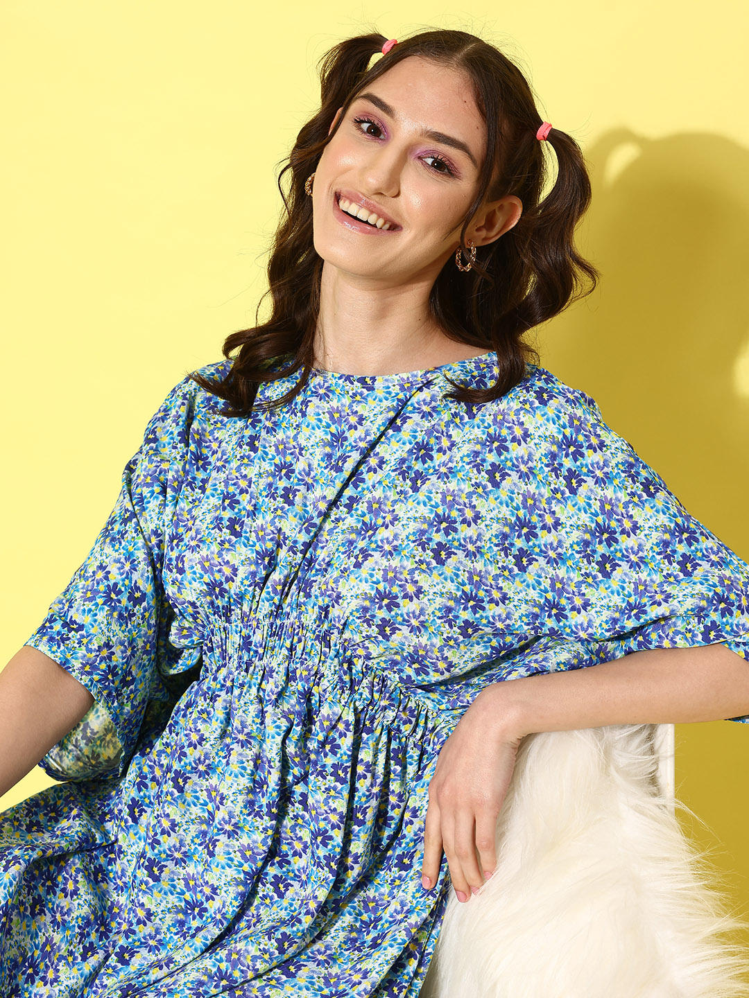 Blue Floral Printed Short Kaftan Dress