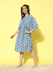 Blue Floral Printed Short Kaftan Dress
