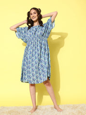 Blue Floral Printed Short Kaftan Dress