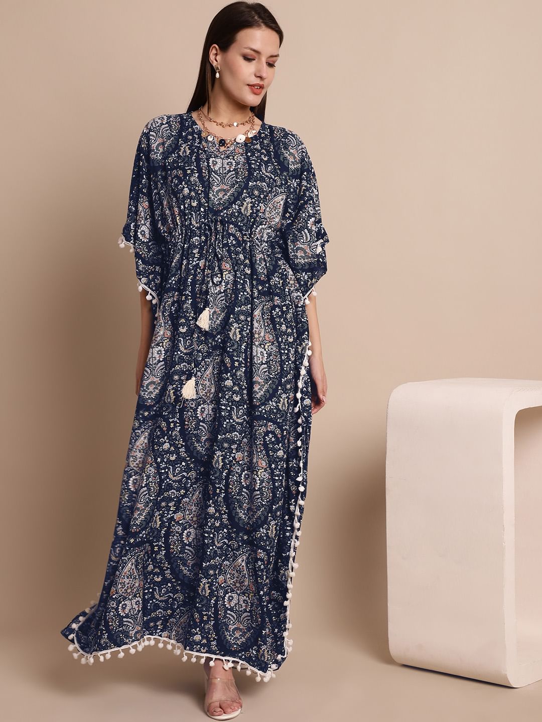 Navy Blue Paisely Print Kaftan