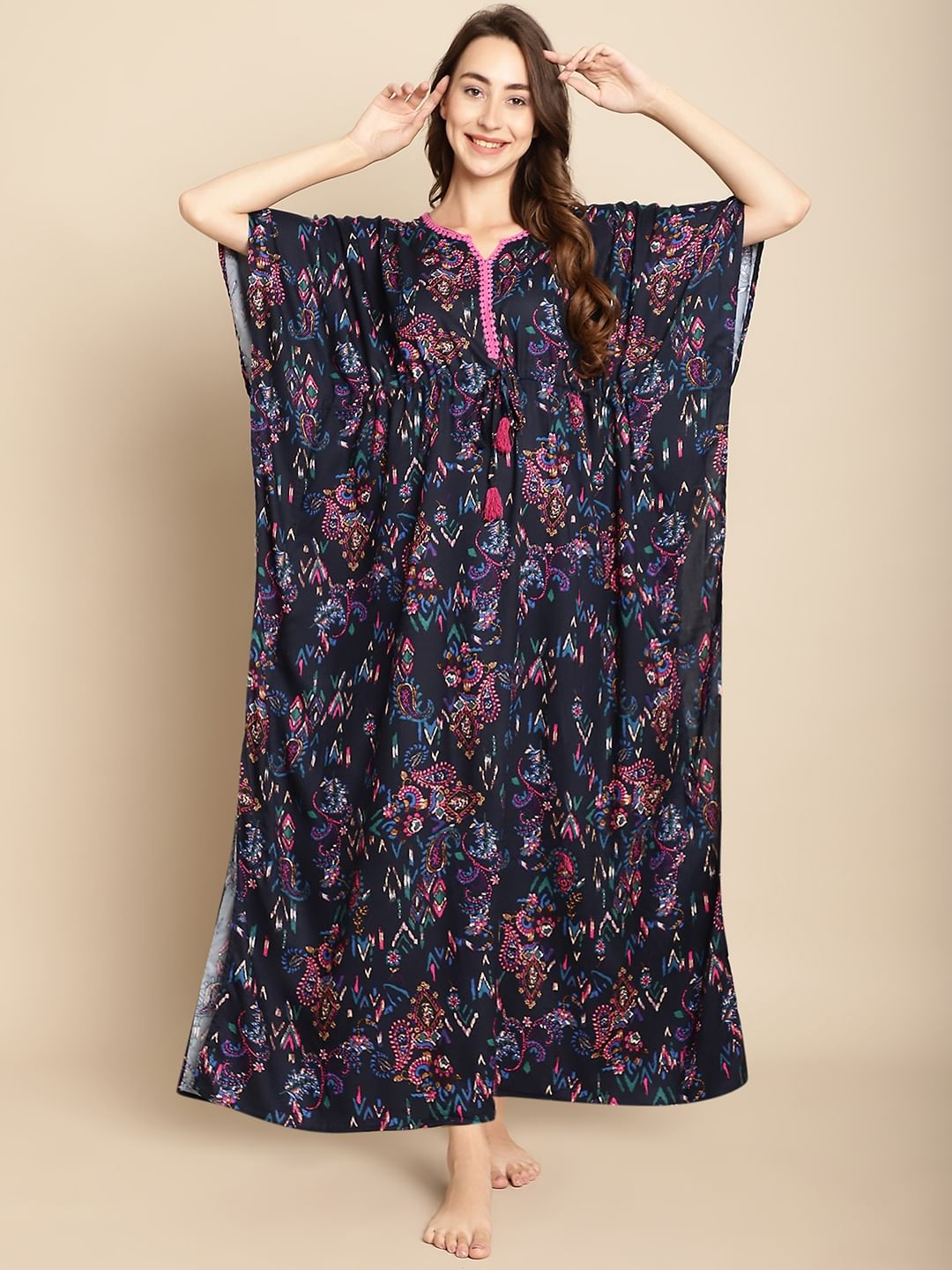 Floral Printed Navy Blue Kaftan