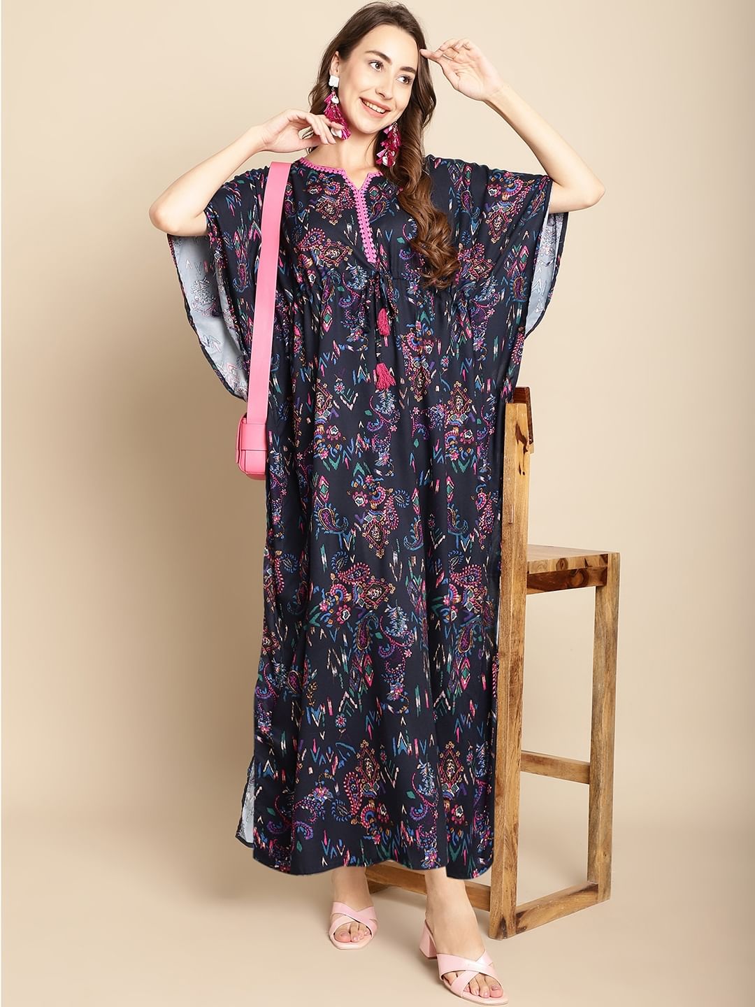 Floral Printed Navy Blue Kaftan