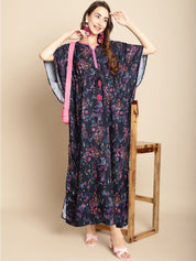 Floral Printed Navy Blue Kaftan