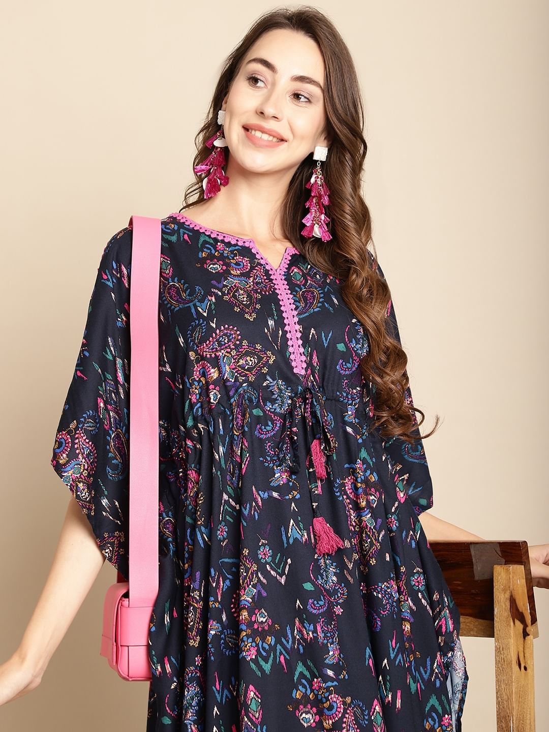Floral Printed Navy Blue Kaftan