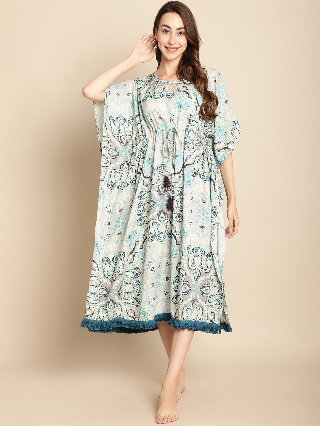 Floral Printed Blue Kaftan