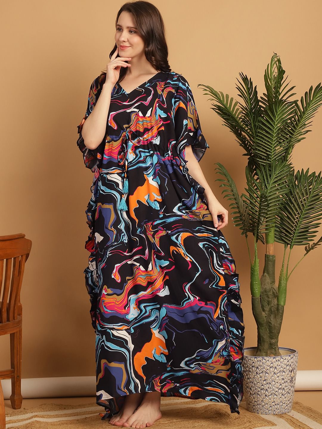 Multi Color Abstract Print Rayon Kaftan Nighty