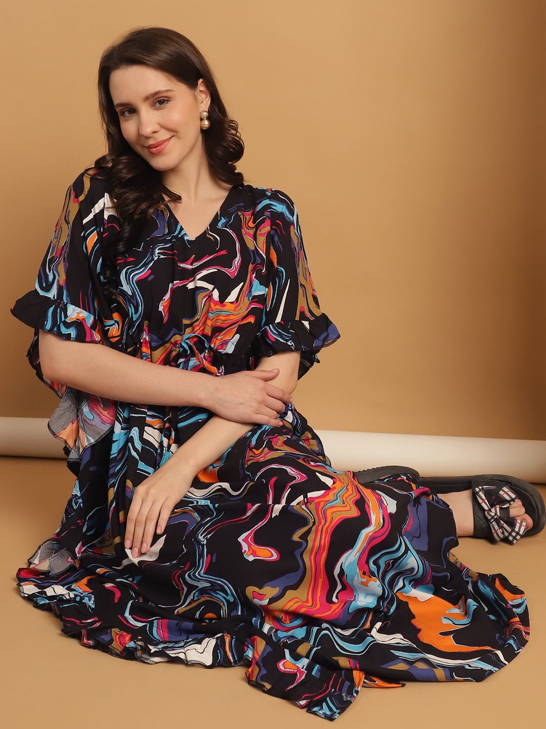 Multi Color Abstract Print Rayon Kaftan Nighty