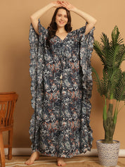 Navy Blue Floral Print Rayon Kaftan Nighty