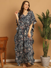 Navy Blue Floral Print Rayon Kaftan Nighty
