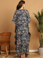Navy Blue Floral Print Rayon Kaftan Nighty