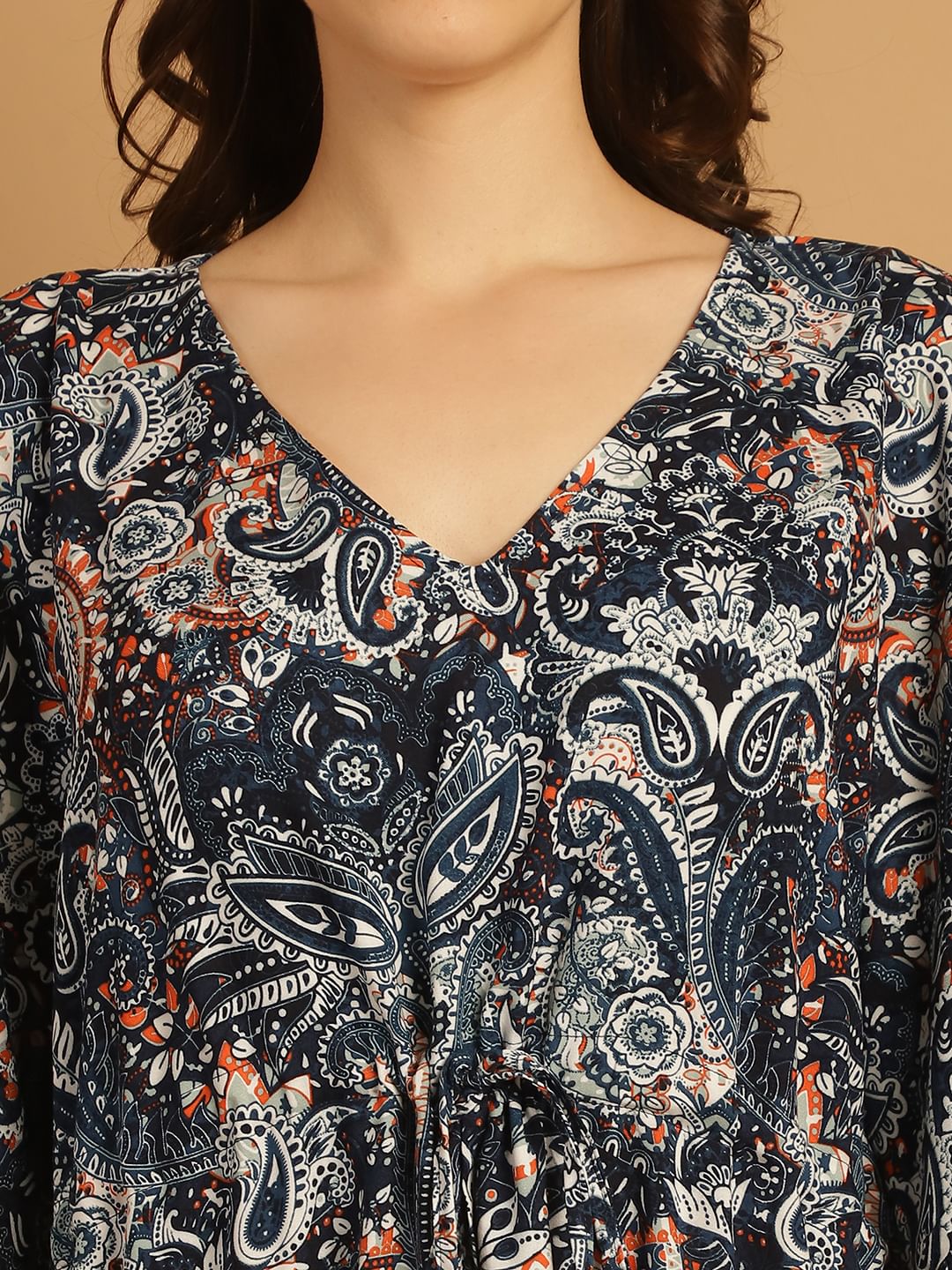 Navy Blue Floral Print Rayon Kaftan Nighty