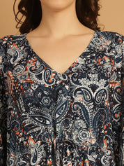 Navy Blue Floral Print Rayon Kaftan Nighty