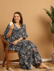 Navy Blue Floral Print Rayon Kaftan Nighty
