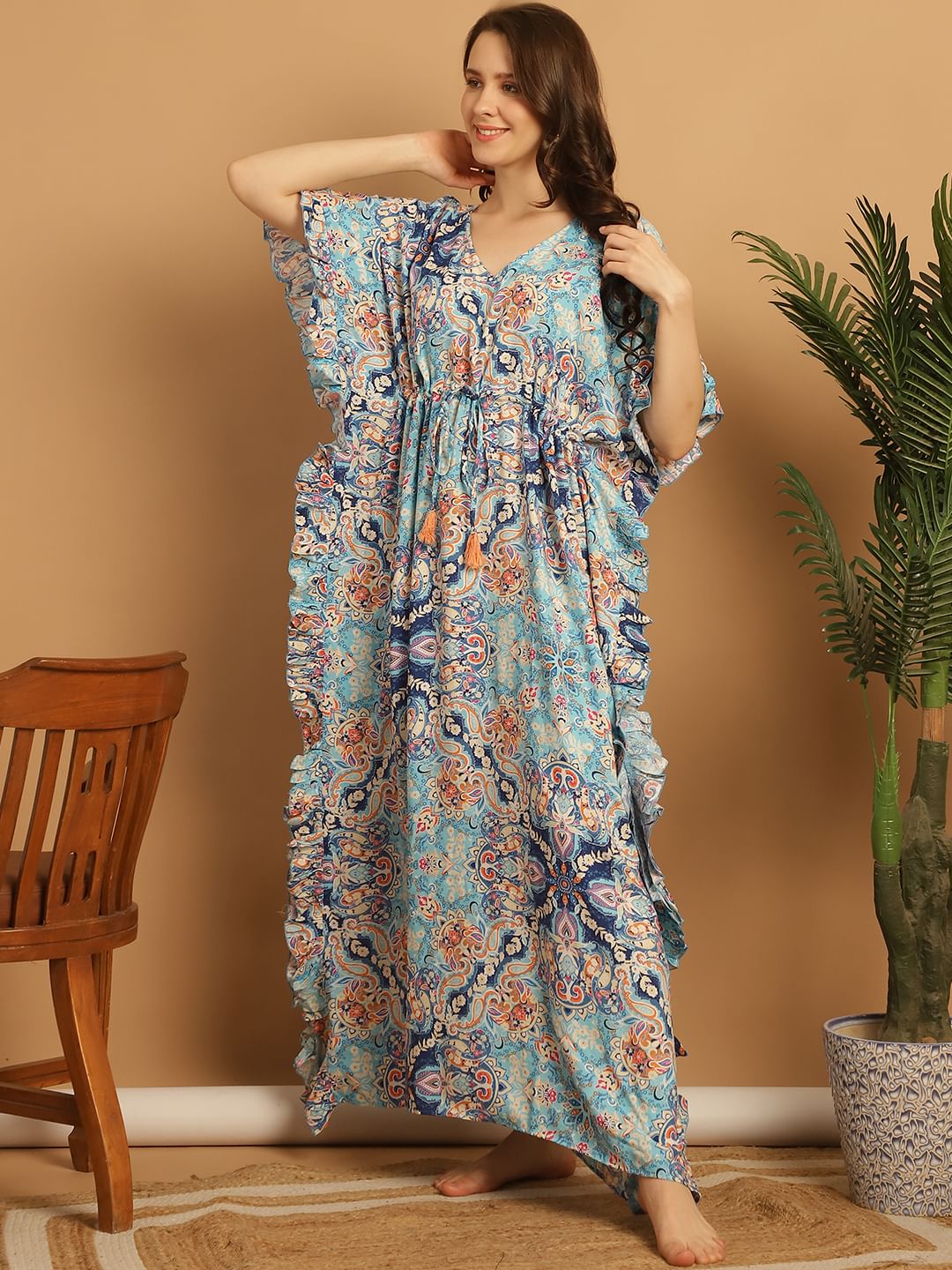 Sky Blue Floral Print Rayon Kaftan Nighty