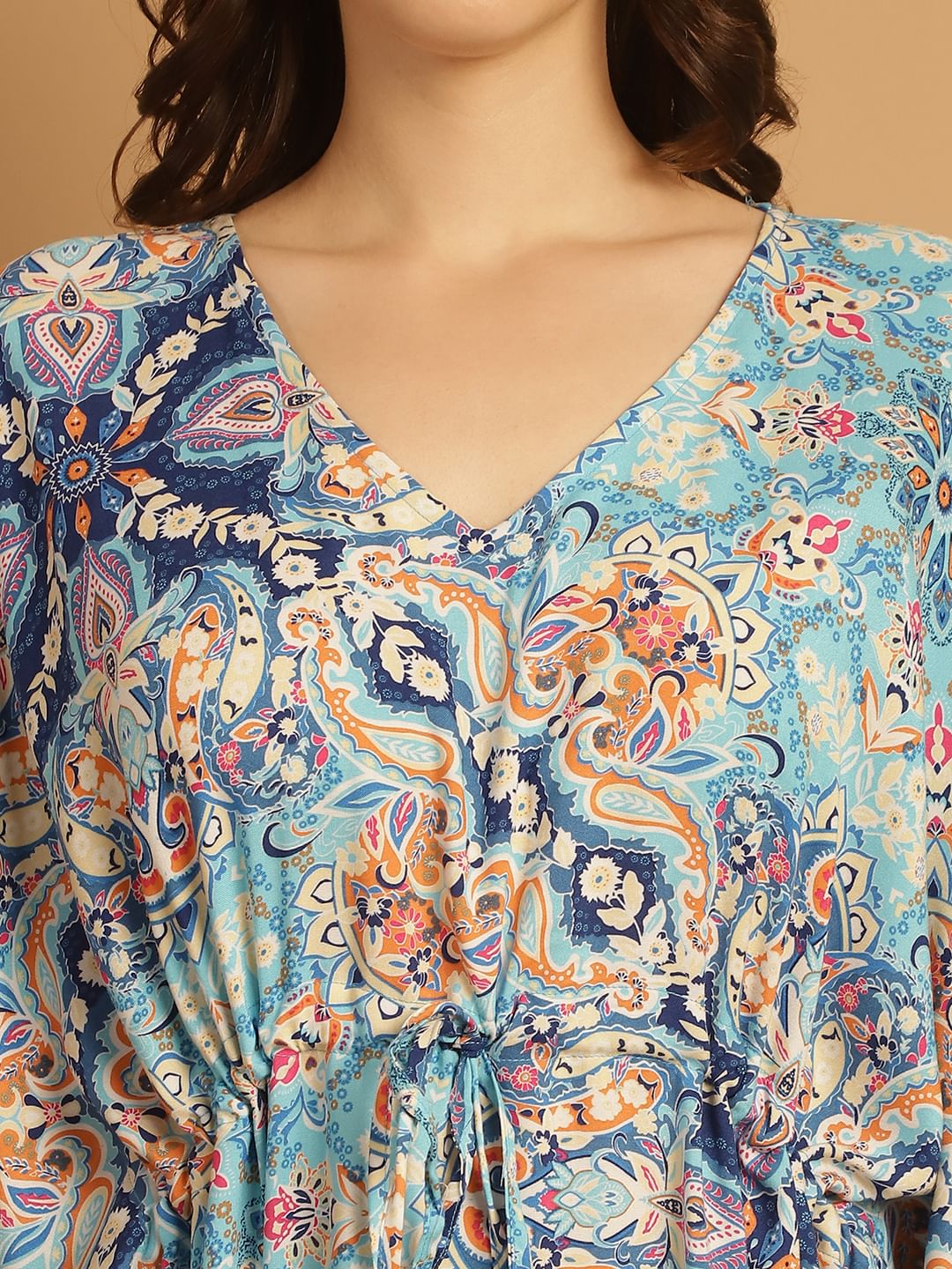 Sky Blue Floral Print Rayon Kaftan Nighty