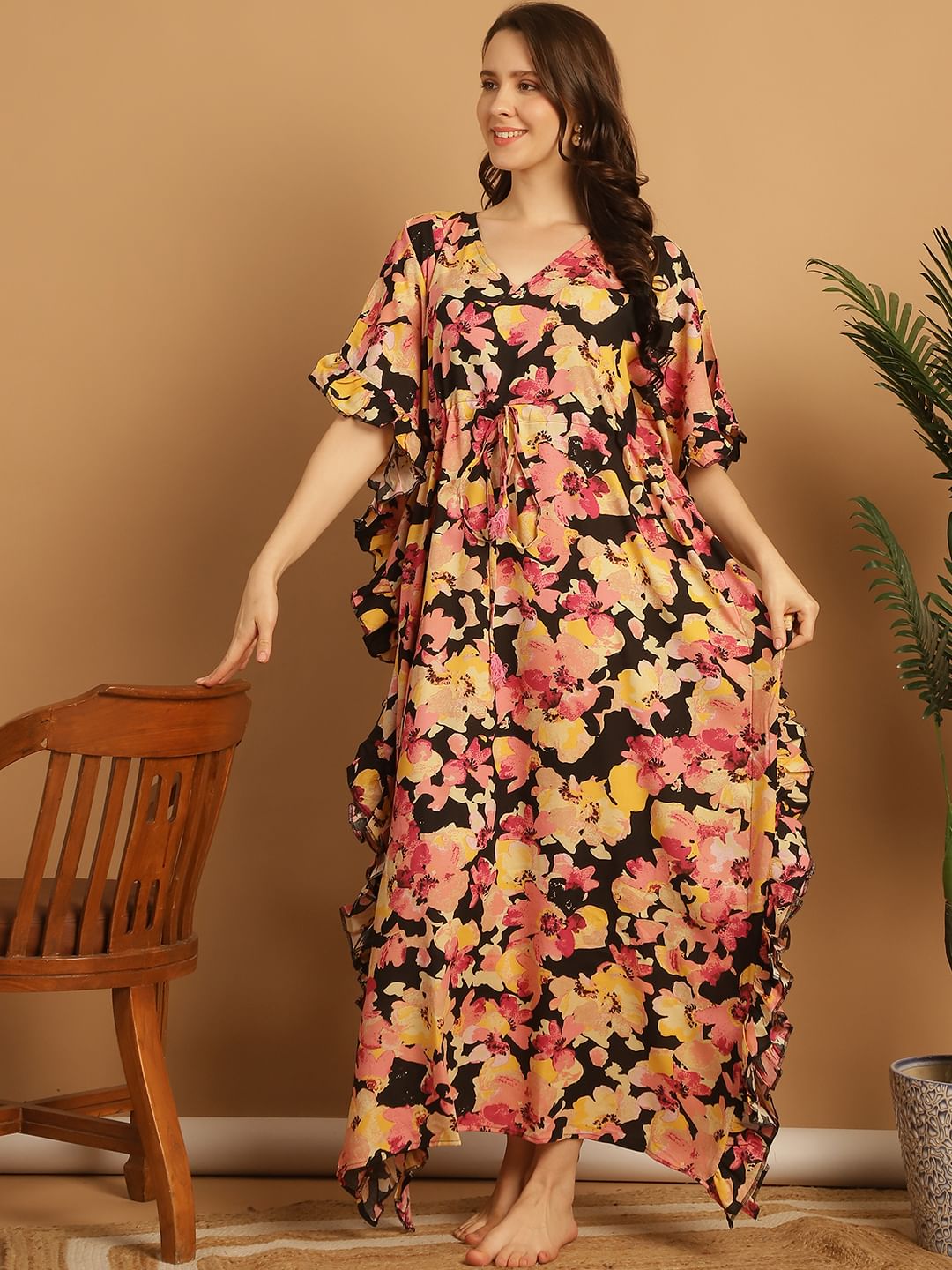 Multi Color Floral Print Rayon Kaftan Nighty