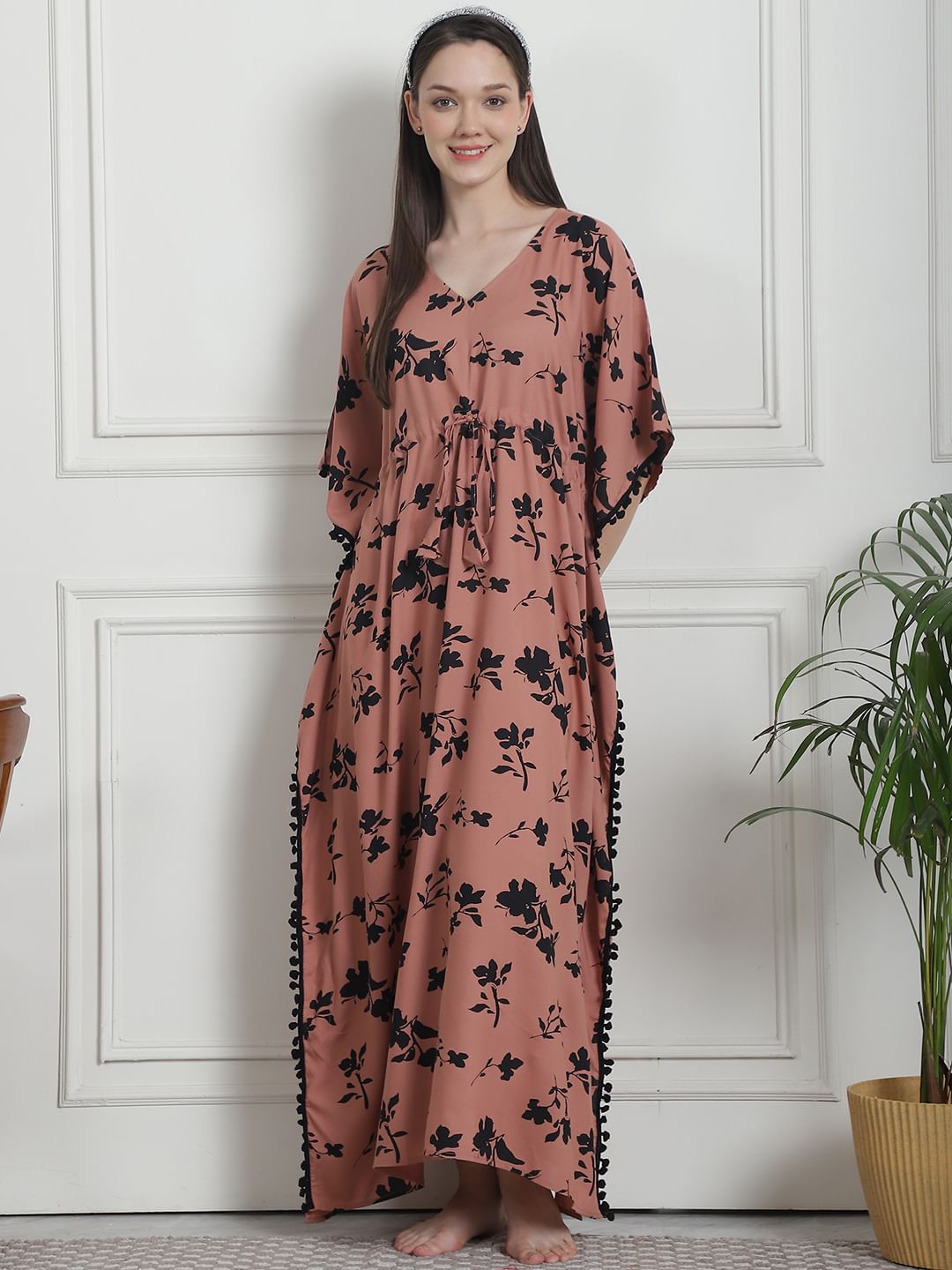 Floral Print Brown Rayon Kaftan Nighty