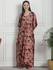 Floral Print Brown Rayon Kaftan Nighty