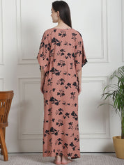 Floral Print Brown Rayon Kaftan Nighty