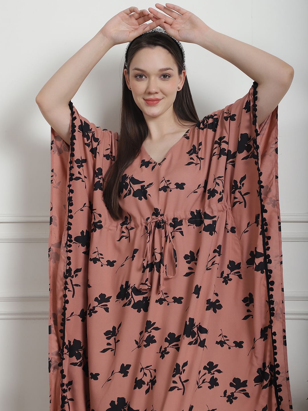 Floral Print Brown Rayon Kaftan Nighty