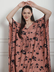 Floral Print Brown Rayon Kaftan Nighty