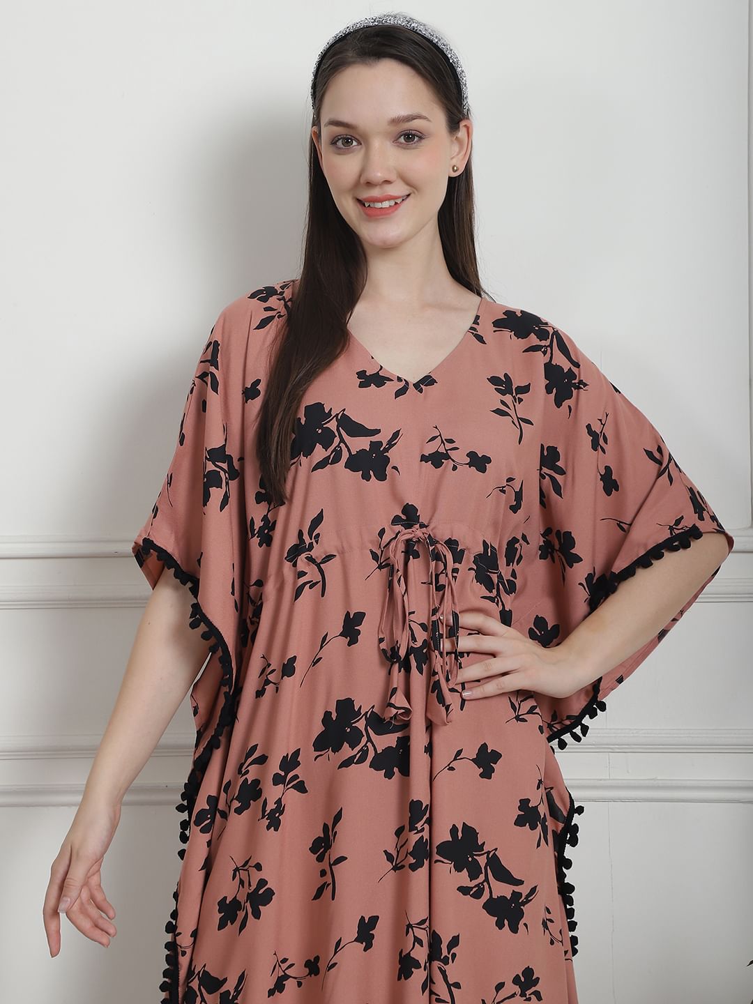 Floral Print Brown Rayon Kaftan Nighty