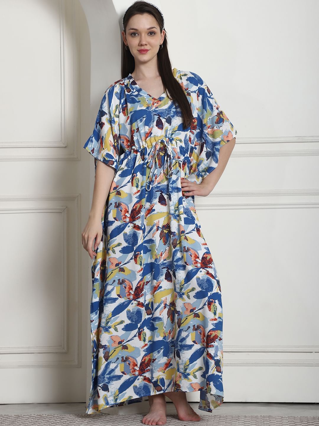 Floral Print Blue Rayon Kaftan