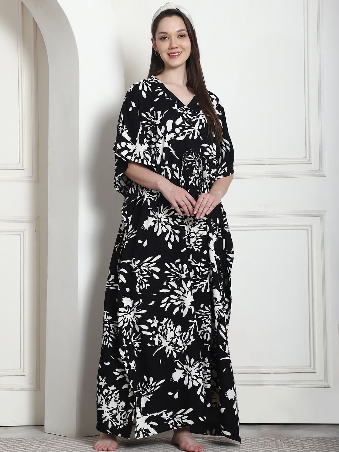 Floral Print Black Rayon Kaftan