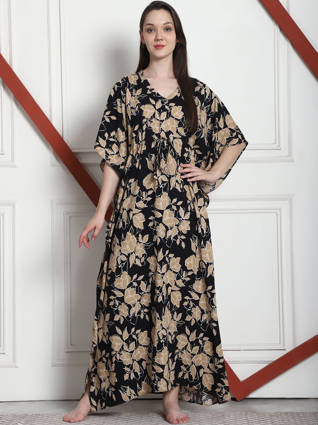 Floral Print Black & Golden Rayon Kaftan