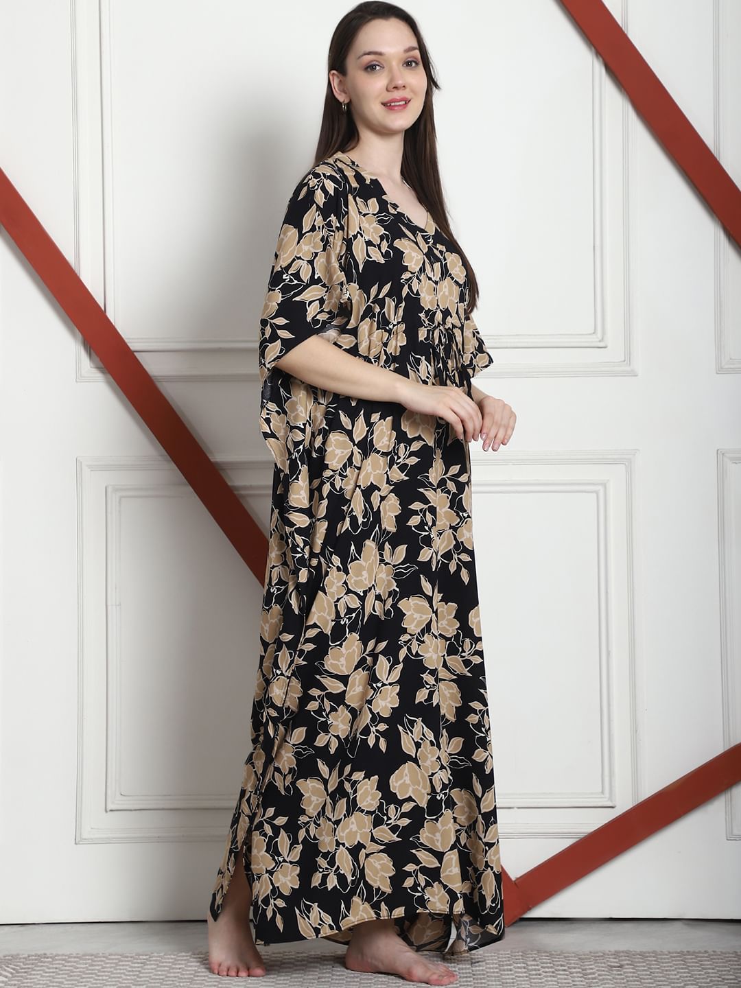 Floral Print Black & Golden Rayon Kaftan