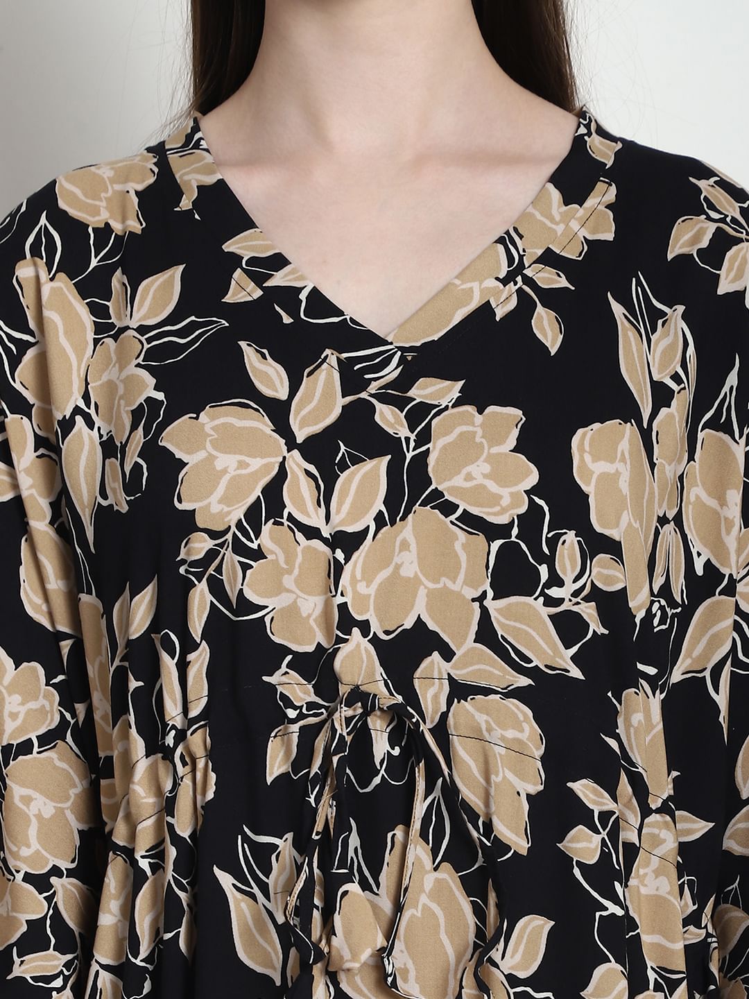 Floral Print Black & Golden Rayon Kaftan