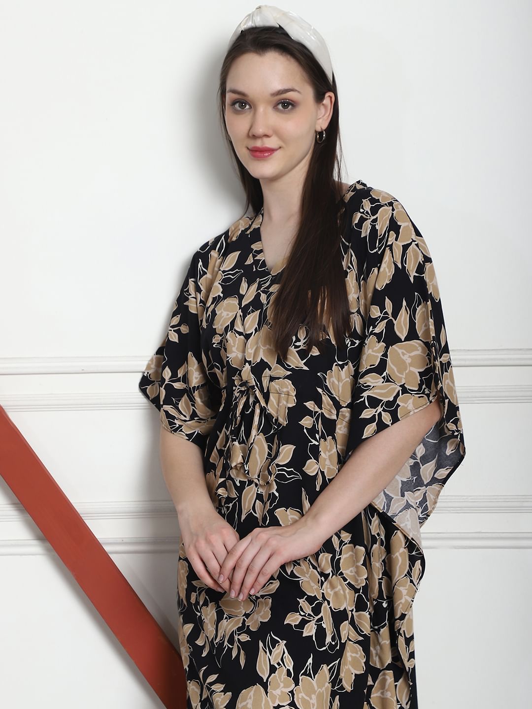Floral Print Black & Golden Rayon Kaftan