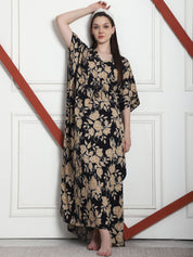 Floral Print Black & Golden Rayon Kaftan