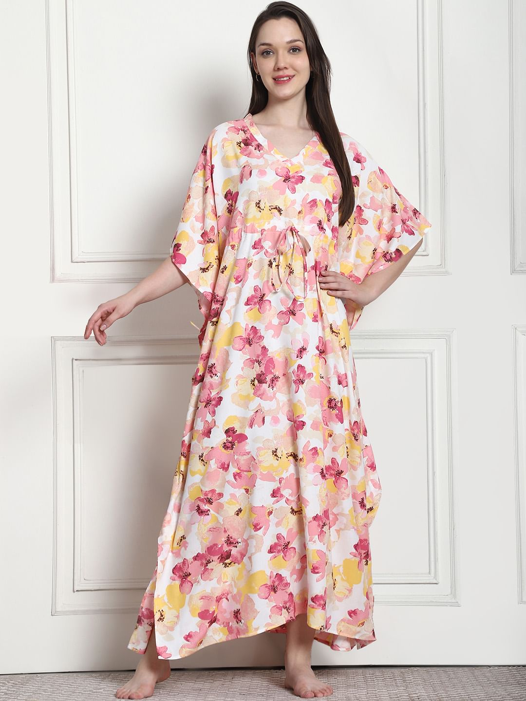 Floral Print Peach Rayon Kaftan
