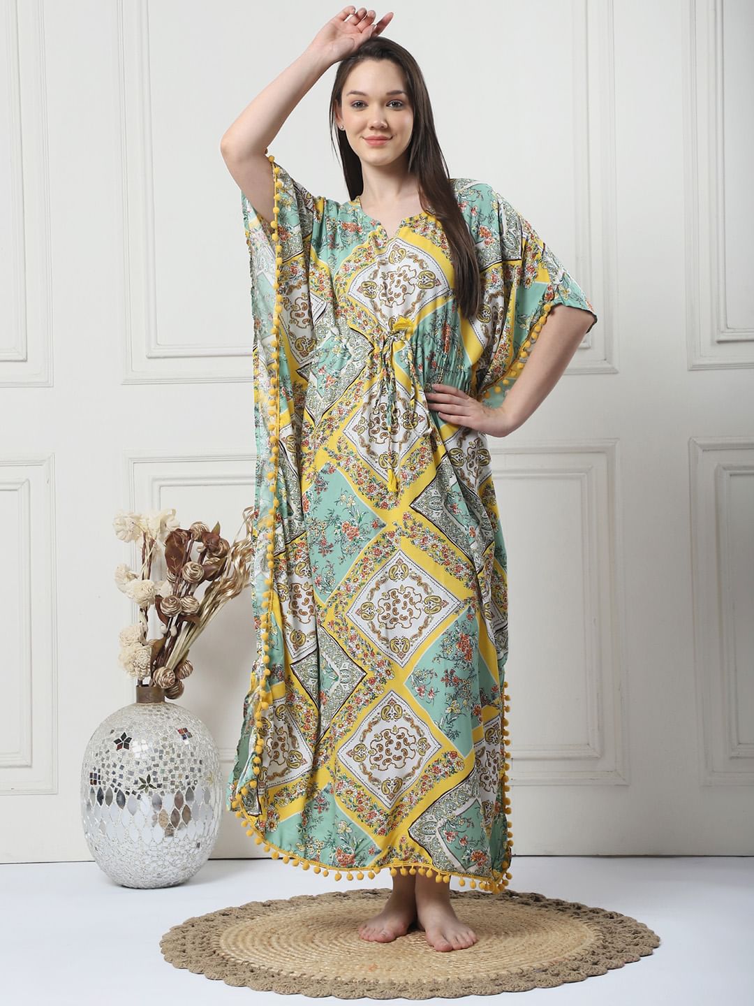 Geometric Print Yellow Rayon Kaftan