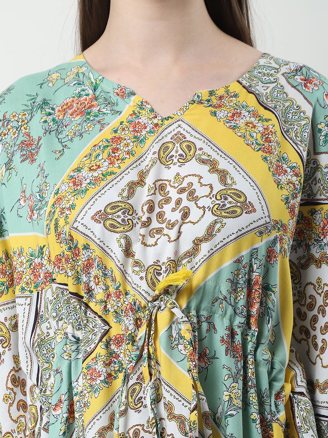 Geometric Print Yellow Rayon Kaftan