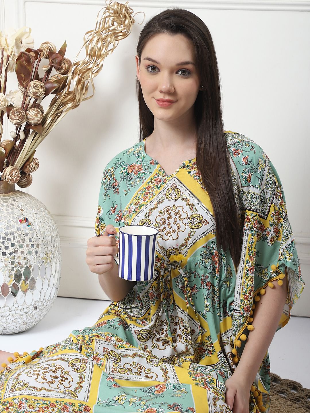 Geometric Print Yellow Rayon Kaftan