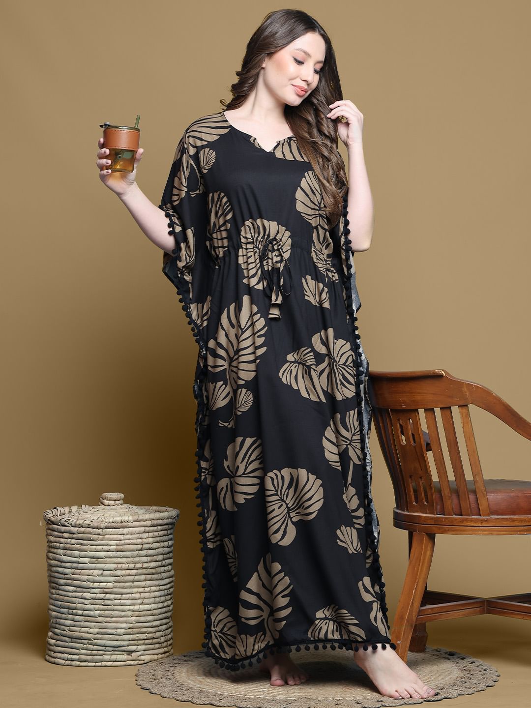 Secret Wish Black Floral Rayon Kaftan Full length
