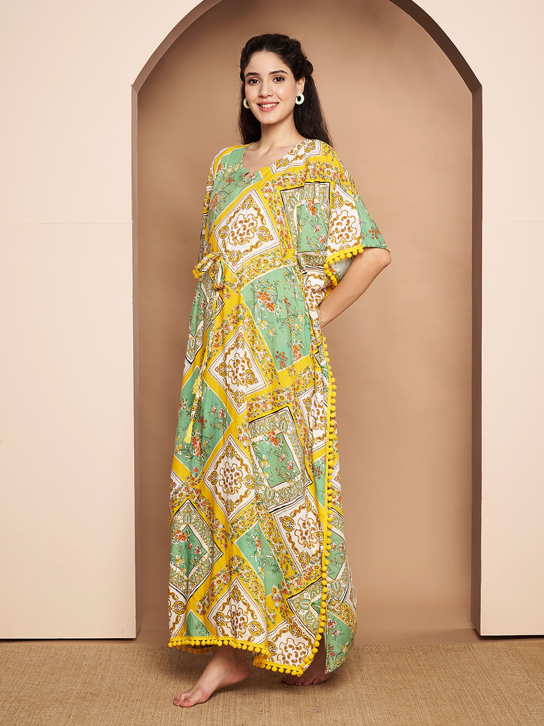 Yellow Geometric Print Rayon Kaftan