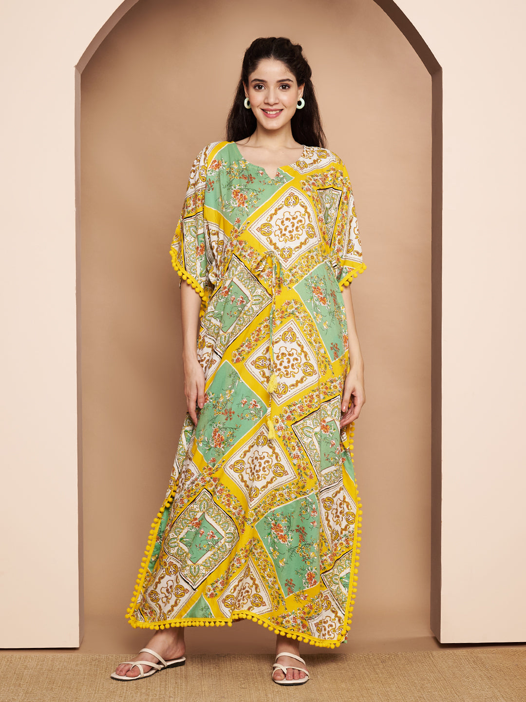Yellow Geometric Print Rayon Kaftan