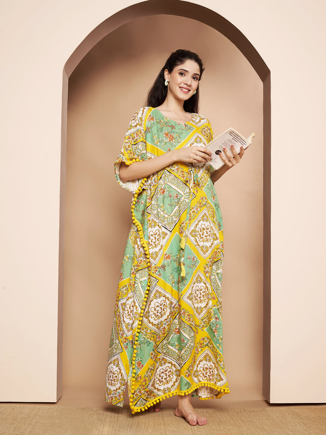 Yellow Geometric Print Rayon Kaftan