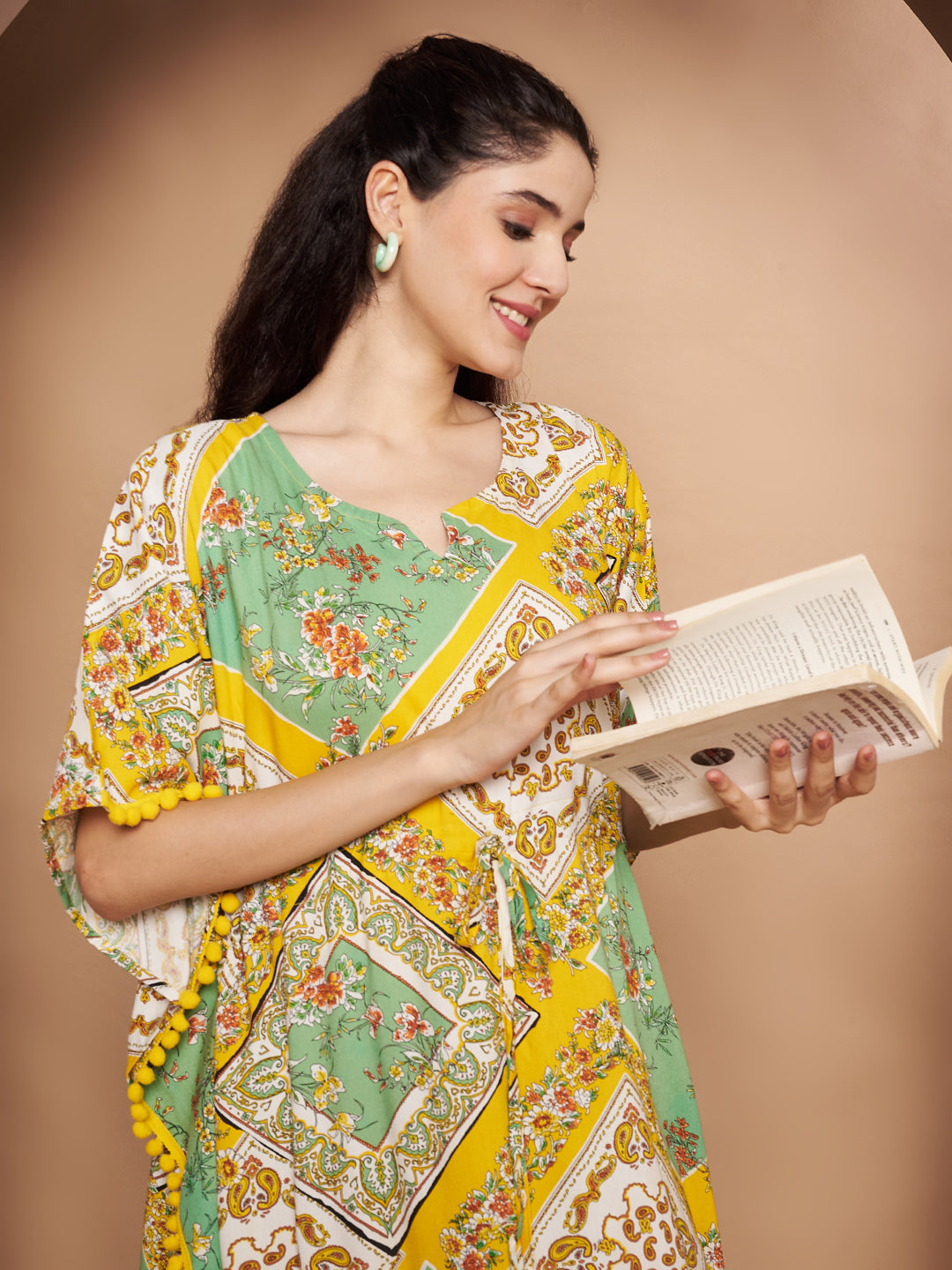 Yellow Geometric Print Rayon Kaftan