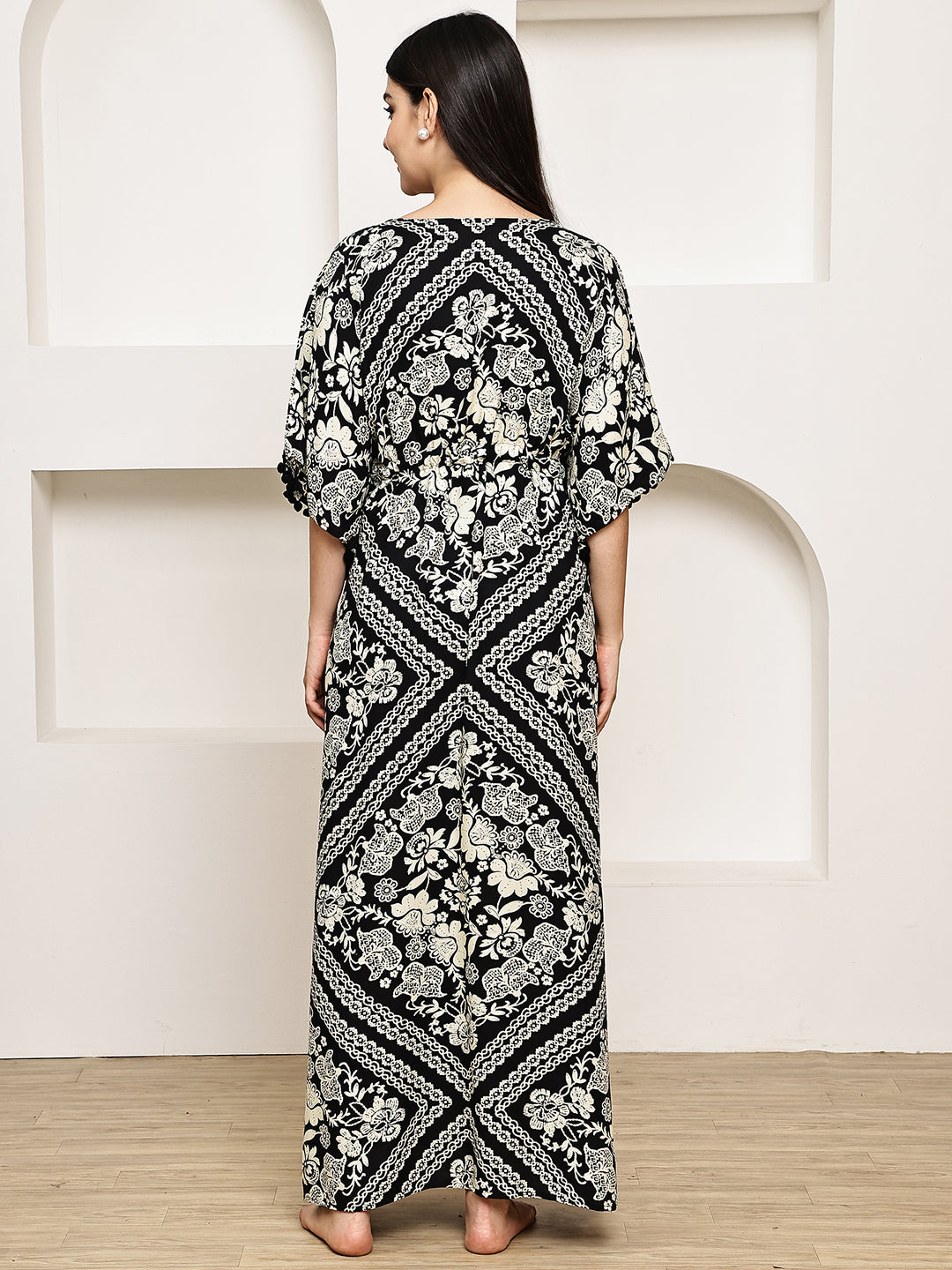Black Floral Rayon Kaftan