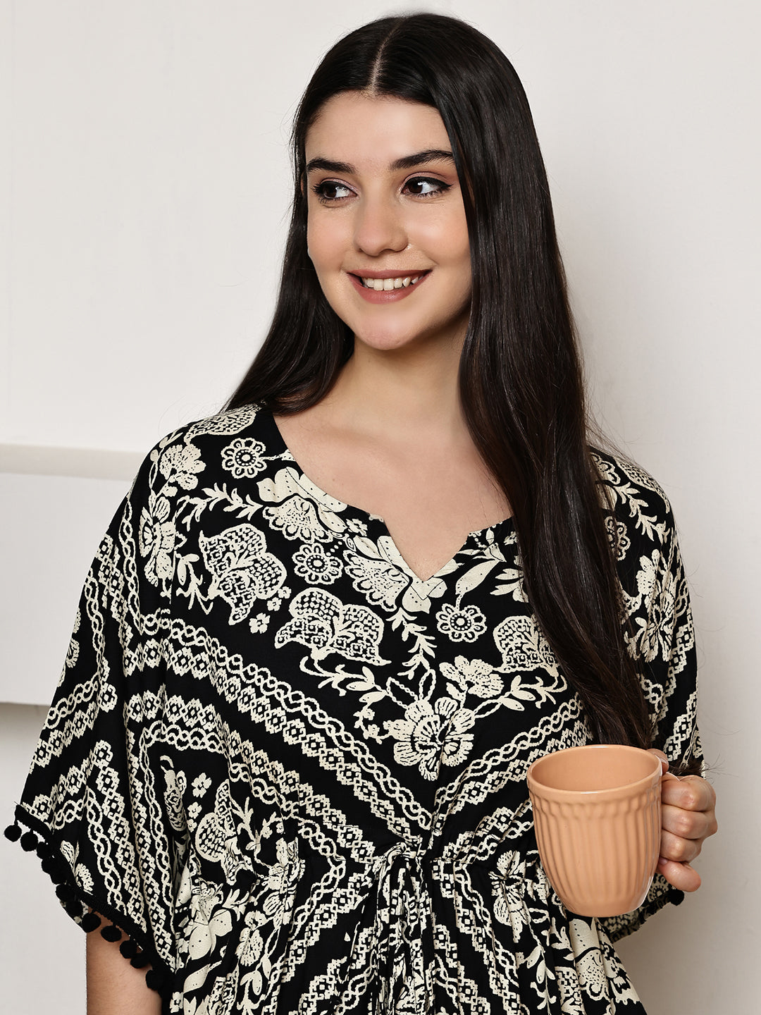 Black Floral Rayon Kaftan