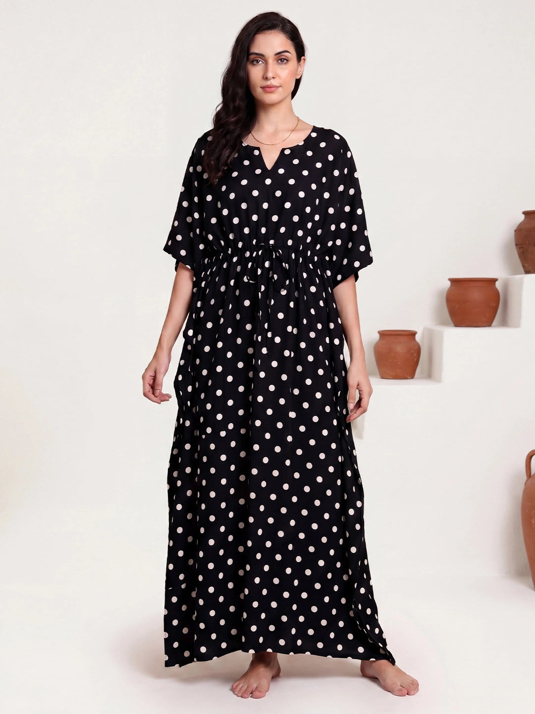 Black Polka Dots Rayon Kaftan