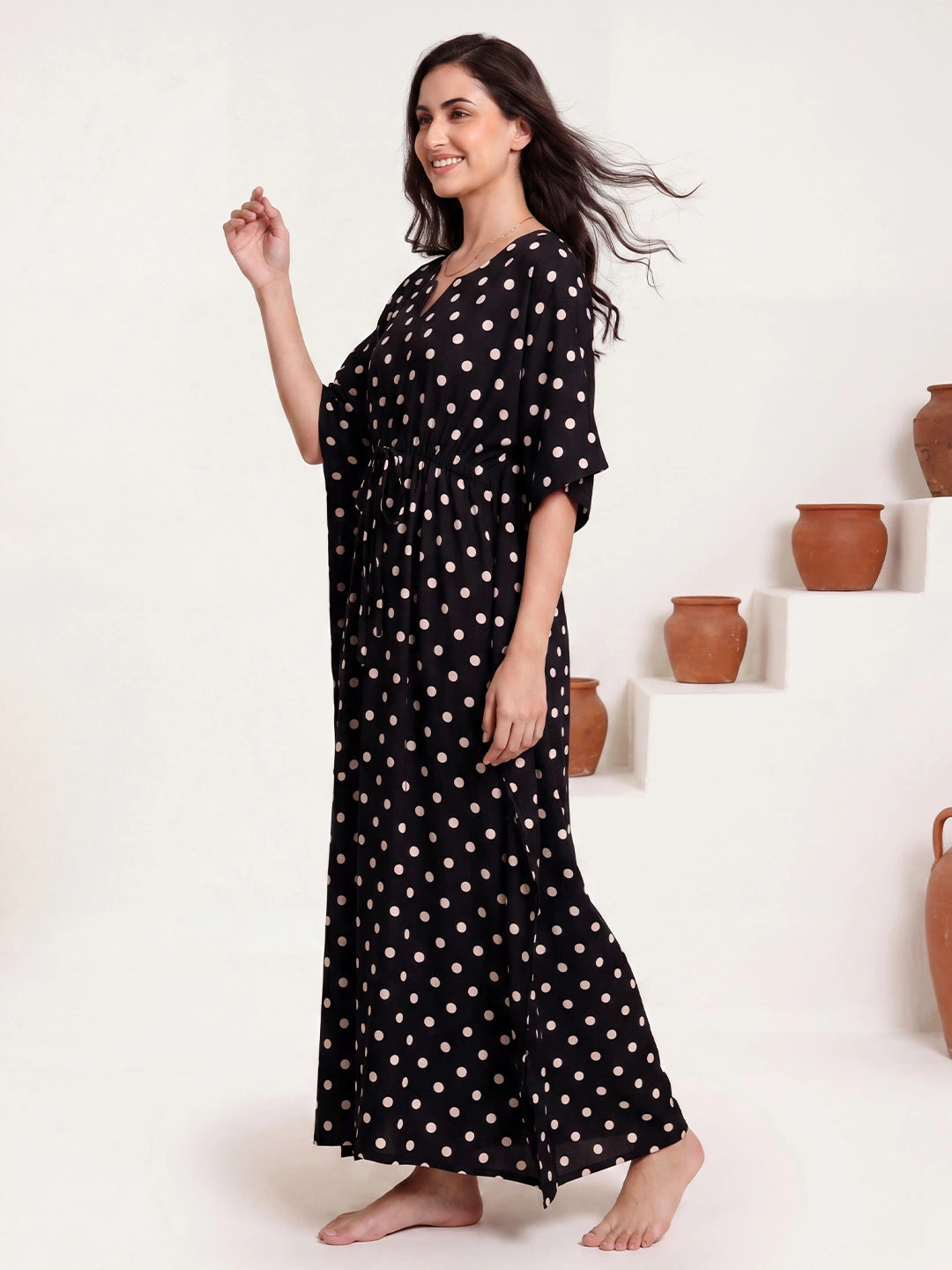 Black Polka Dots Rayon Kaftan
