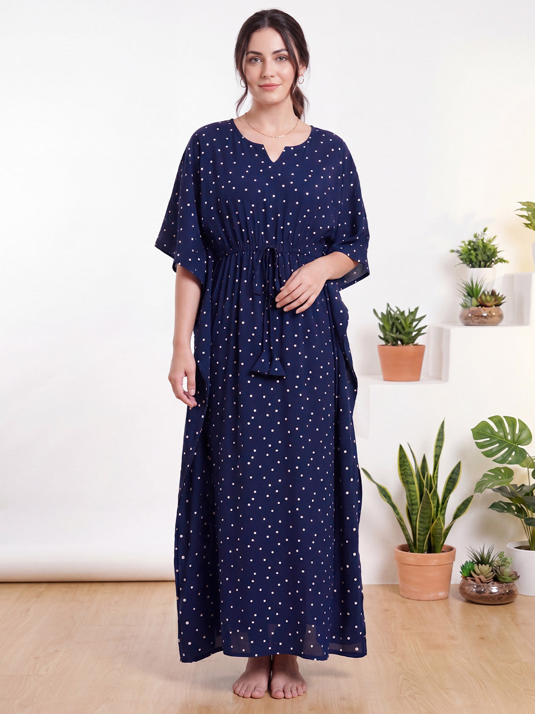 Navy Blue Polka Dot Rayon Kaftan