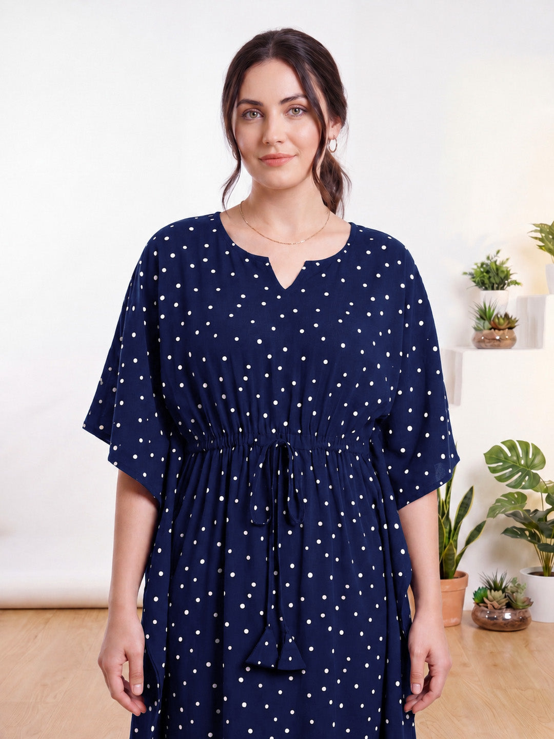 Navy Blue Polka Dot Rayon Kaftan
