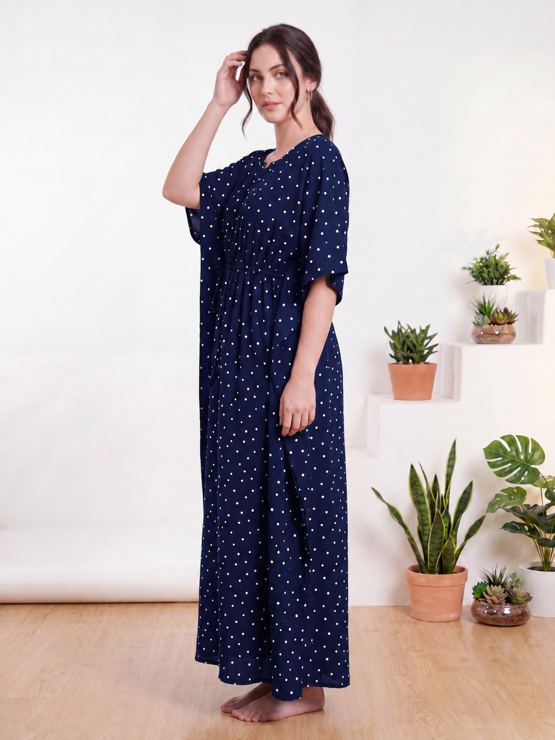 Navy Blue Polka Dot Rayon Kaftan