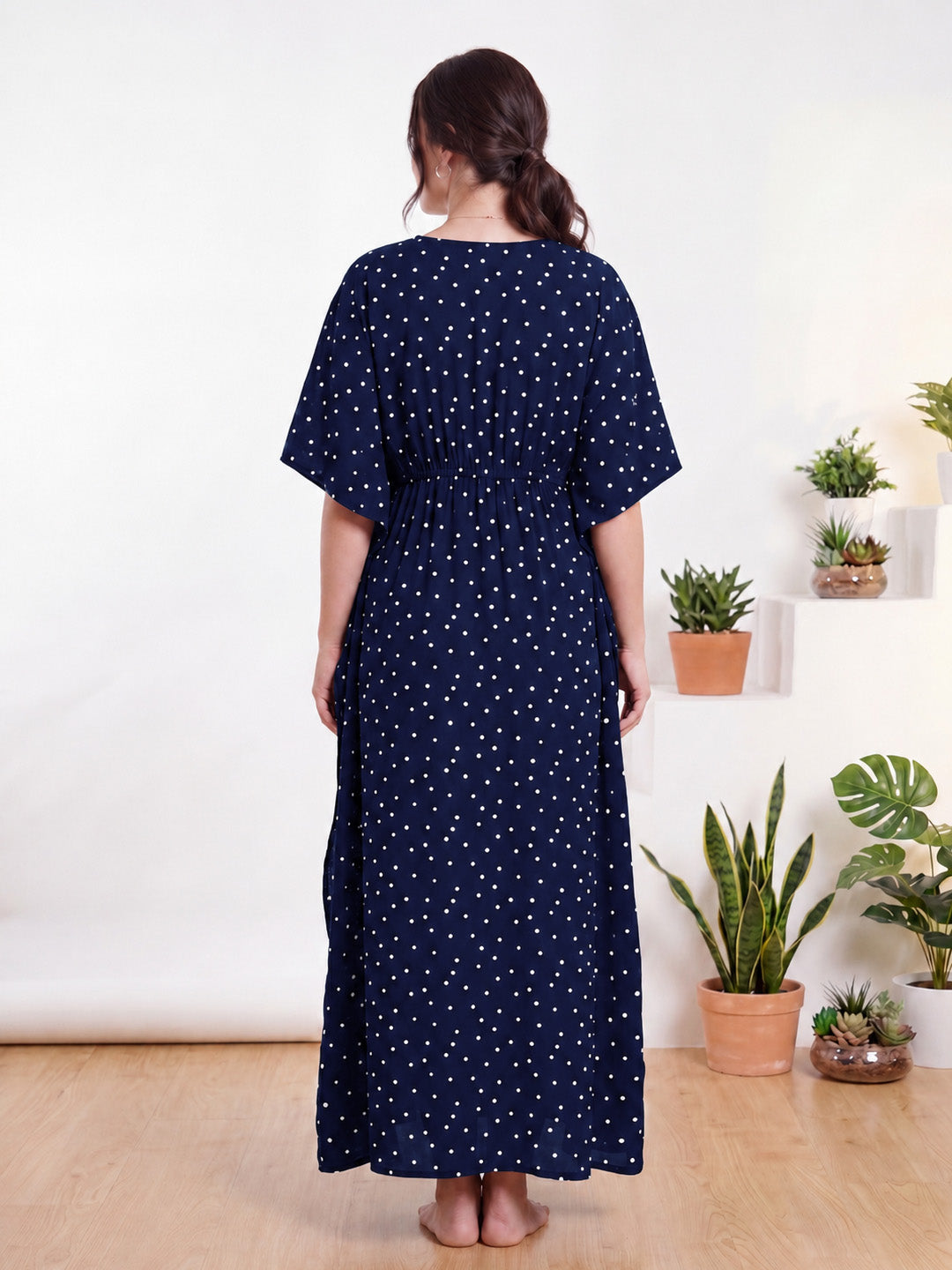 Navy Blue Polka Dot Rayon Kaftan